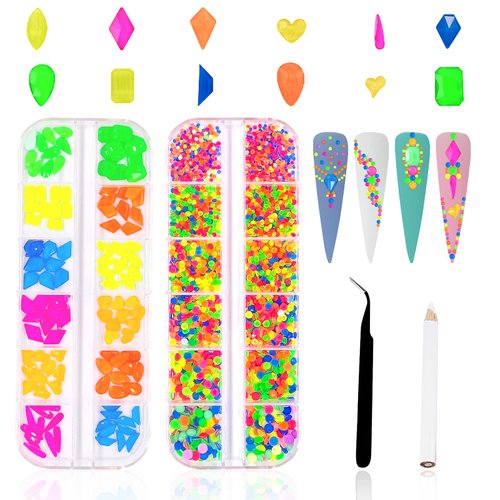 3120Pcs Diamond Nails Rhinestones for Nail Art, HOINCO Colorful Fluorescence Rhinestones for Nails, Multi Shapes Clear AB Flat Back Gemstones for Women Nail Art DIY Craft Jewelry with Tweezers and Pen