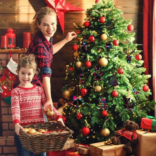 XJF Christmas Scratch Paper Ornaments, 22pcs Christmas Scratch Art Paper for Kids Toddlers Party and Xmas Tree Decoration Gift Tags Supplies