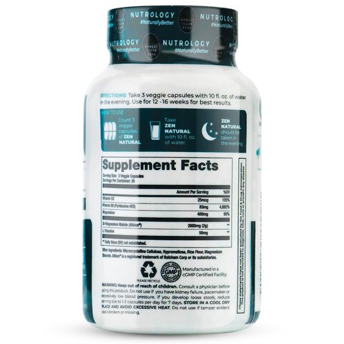 Nutrology Zen Natural Magnesium Supplement, 400mg Magnesium Malate Per Dose with Vitamin D3, L-Theanine, Promotes Relaxation, Muscle Recovery & Adrenal Health, High Absorption Magnesium, 30 Servings