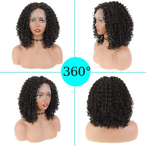 SOKU Short Curly Bob Wigs Afro Kinky Curly Synthetic Lace Front Wig 16 Inch Dark Brown T Part Lace Wigs for Black Women Daily Wear