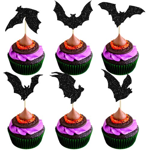 Gyufise 24Pcs Halloween Bat Cupcake Toppers Glitter Bat Halloween Cake Decorations for Bat Theme Halloween Party Cake Decorations for Baby Shower Kids Birthday Party Supplies