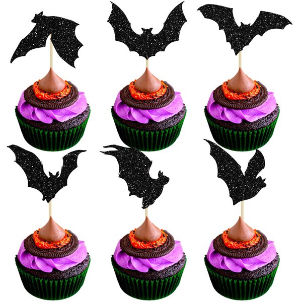 Gyufise 24Pcs Halloween Bat Cupcake Toppers Glitter Bat Halloween Cake Decorations for Bat Theme Halloween Party Cake Decorations for Baby Shower Kids Birthday Party Supplies