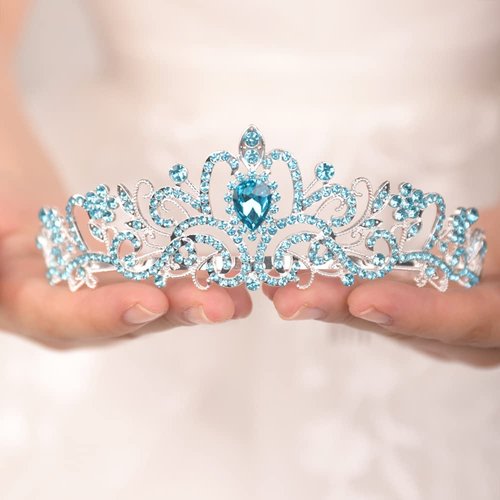 JWICOS Silver Tiara for Women Light Blue Crystal Tiara and Crown for Women and Girls Elegant Crown with Comb Princess Tiara Crown Headband for Wedding Prom Birthday Party (Light Blue)