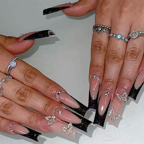 DOCVOEOMH Black Press on Nails Long Square Rhinestones Acrylic Fake Nails with 3D Alloy Butterfly Design Glue on Glossy Full Cover Artificial Gel False Stick on Nail for Girls Women Wedding 24Pcs