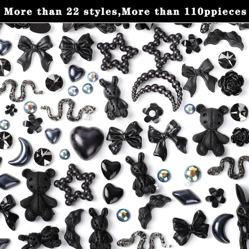 COOSLIM 110 Pieces 3D Nail Charms for Acrylic Nails, Camellia Rose Flower Butterfly Bowknot Heart Bear Rabbit Star Charms for Nail Art Designs DIY Accessories Craft(Black+2)