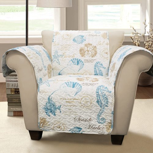 Lush Decor Harbor Life Furniture Protector , Arm Chair, 71" W x 75" L, Blue & Taupe - Quilted Coastal Chair Cover - Nautical Furnishings - Pet Protector For Chair - Beach House Decor