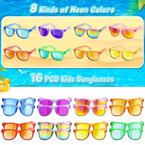 Kids Sunglasses Party Favors - 16 Packs Sunglasses Bulk for Kids with UV400 Protection in Bulk for Boys and Girls，Neon Sunglasses for Kids Birthday Graduation Party Gift