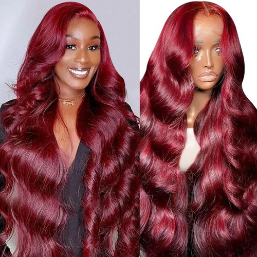YesJYas 99J Burgundy Lace Front Wigs Human Hair 99J 13X4 Body Wave HD Lace Frontal Wig Human Hair Burgundy Transparent Lace Front Wig Colored Pre Plucked With Baby Hair 180% Density Wine Red 26Inch