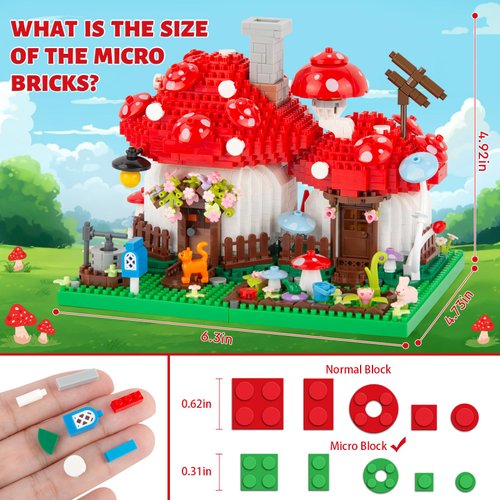 Vziimo Mushroom House Building Set, Creative Mushroom Garden Model Kits for Adults, 1346PCS Micro Bricks Collectible Ideals Gifts for Teens Kids 12+