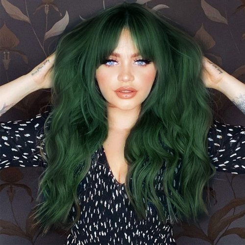 Tseses Green Long Curly Wigs with Bangs for Women Natural Synthetic Heat Resistant Women Daily Halloween Costume Wig