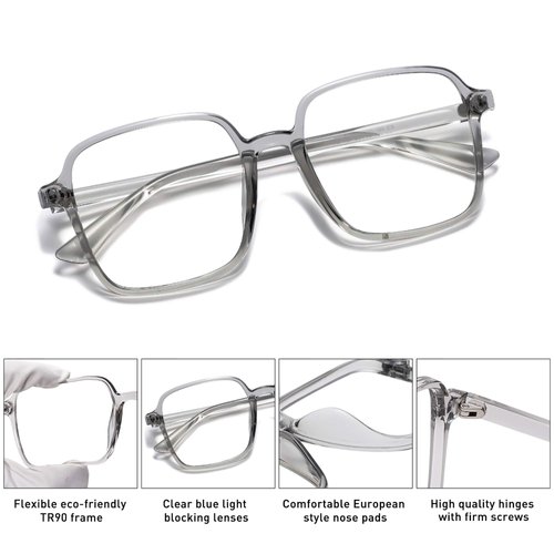 SOJOS Square Blue Light Blocking Glasses Oversized for Women TR90 Frame Filter SJ5081 with Crystal Grey Frame/Anti-Blue Light Lens