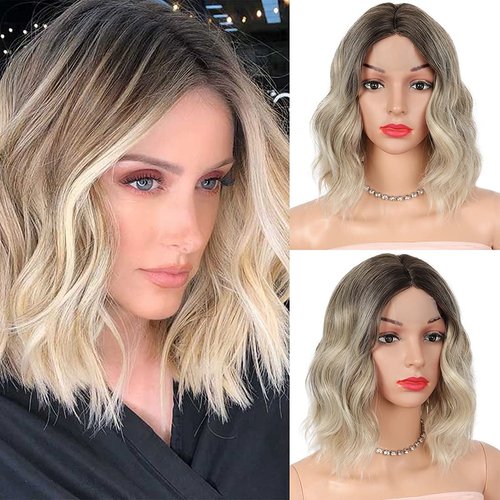 Kalyss 12&quot; Synthetic Edge Lace Front Wigs for Women Short Wavy Bob Wig Middle Part Ombre Ash Blon...
