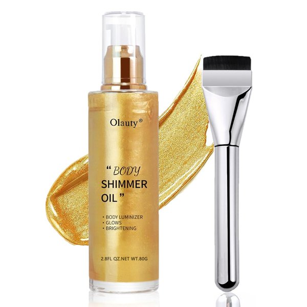 Body Shimmer Oil Gold 4 Color Face Brighten Body Luminizer Glow For Face & Body, Summer Glow Pearl Highlighter Liquid Illuminator Body Makeup Shimmer Body Oil with Brush (#2, 2.8 Fl Oz)
