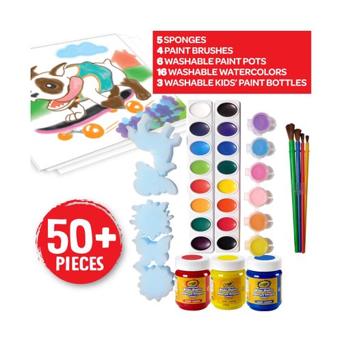 Crayola Washable Kids Paint Set (50pcs), Includes Watercolor & Washable Paints, Painting Paper, Paint Sponge, Kids Paint Brushes