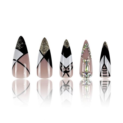 Rchovsam Stiletto Shape Press on Nails Long Almond Tip Fake Nails Gold Tip Stick on Nails Glue on Nails Glitter Diamond Design Press Ons Acrylic Gel Nails Kit Gift for Wemons 24pcs