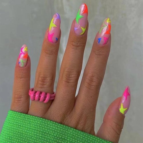MERVF Medium Press on Nails Almond Fake Nails Colorful Star Stiletto Glue on Nails with Y2K Design Neon Acrylic False Nails Press ons 24pcs Glossy
