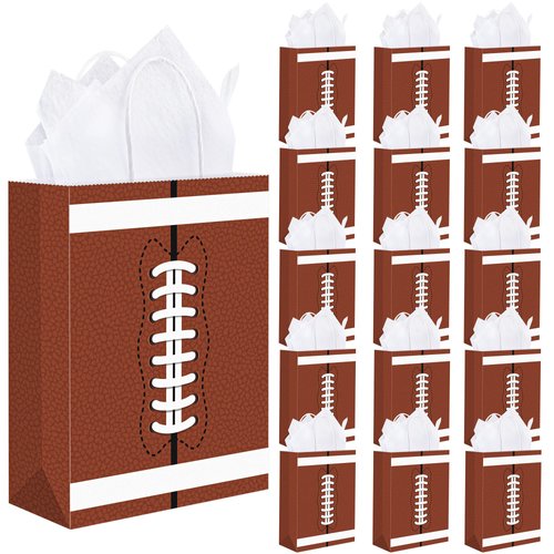durony 16 Pieces Football Gift Bags with Handles Football Party Favor Bags Paper Treat Bags Football Goodie Bags Candy Snack Bags Football Theme Party Decorations for Birthday Party Supplies