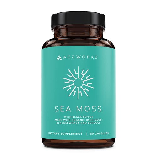 ACEWORKZ USDA Certified Organic Irish Sea Moss Capsules, Burdock Root & Bladderwrack with BioPerine® - Prebiotic Super Food - Thyroid and Gut Health - Healthy Skin & Anti-Aging (60 Capsules)