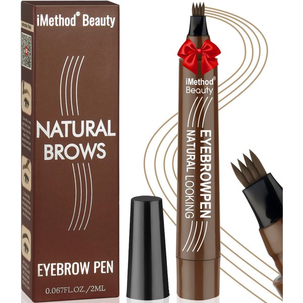 iMethod Microblading Eyebrow Pen - Eyebrow Pencil Magical Upgraded Eye Brow Pencils for Women with 4 Fork Tip & Spoolie Brush for Natural-Looking Hair-Like Defined Brows, Last All-Day, Light Brown