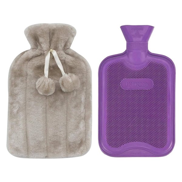 HomeTop Premium Classic Rubber Hot Water Bottle and Luxurious Faux Fur Plush Fleece Cover w/Pom Pom Decor (Beige)