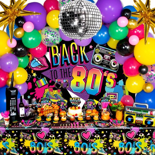 HJINGY 80s Party Decorations, 80s 90s Theme Birthday Party Supplies Includes Inflatable Radio Boombox & Mobile Phone, Back To The 80's Backdrop, Tablecloth, Plates, Napkins, Hip-Hop Cake Toppers