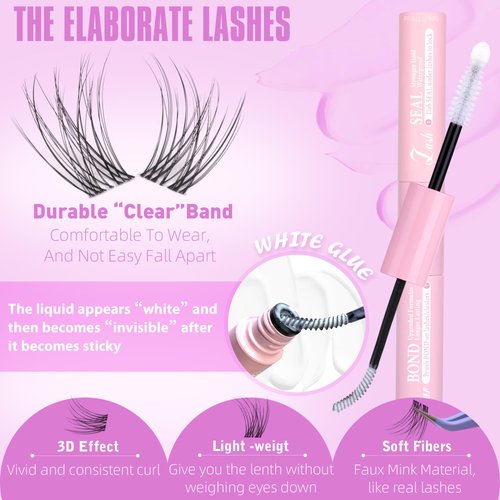 Geeneiya Clear Band Lash Clusters Kit with White Glue Natural Eyelash Clusters Kit 8-16MM Wispy Lash Extension Kit D Curl Individual Eyelash Extensions with Invisible Lash Bond and Seal for Beginners