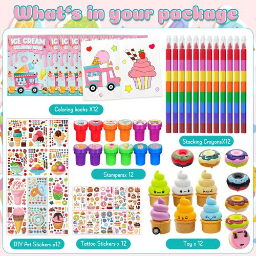 72 Pcs Ice Cream Coloring Book Party Favors Set, Candyland Donut Birthday Party Pinatas Goodie Bag Fillers,Cand Supplies Craft DIY Kit Face Stickers Tattoo for Classroom Sweet Candy Party