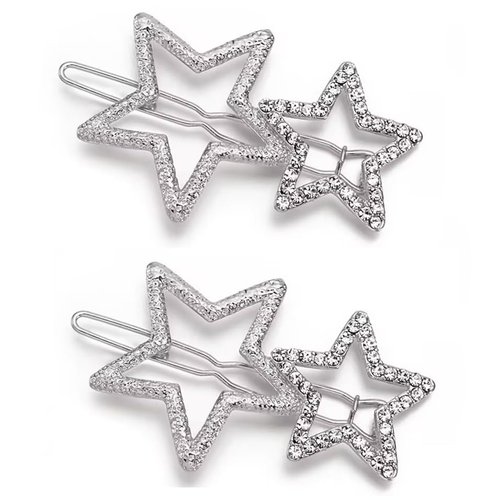 2Pcs Silver Bling Hollow Star Hair Clips, Non-Slip Metal Geometric Hairpin, Elegant Rhinestone Hair Barrettes for Women Lady Girls Styling Hair Accessories Clips and Barrettes
