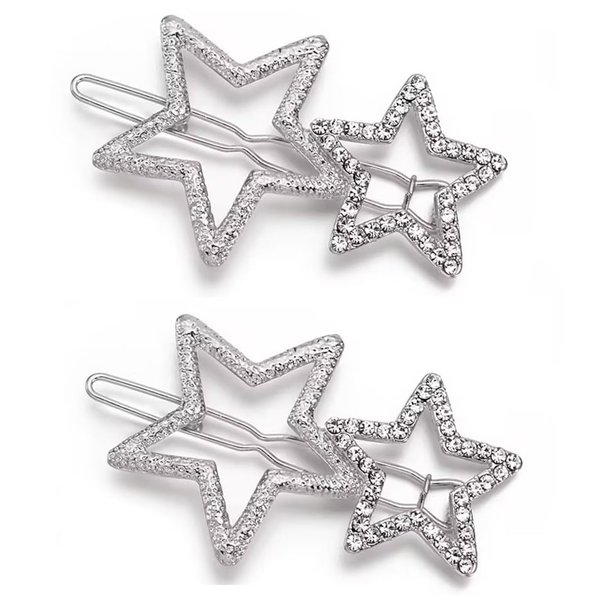 2Pcs Silver Bling Hollow Star Hair Clips, Non-Slip Metal Geometric Hairpin, Elegant Rhinestone Hair Barrettes for Women Lady Girls Styling Hair Accessories Clips and Barrettes