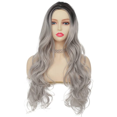 Tseses Curly Ombre Grey Wig for Women Long Wave Black Roots Synthetic Hair Natural Looking Cosplay Daily Party Costume Wig