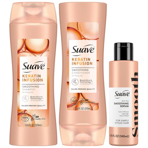 Suave Keratin Shampoo, Conditioner Set + Hair Smoothing Serum, Treatment for Dry, Damaged Hair (3 Piece Set)