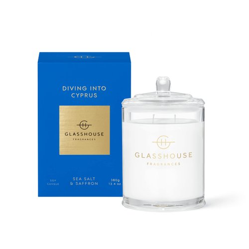 Glasshouse Fragrances Diving Into Cyprus Candle, Triple Scented Natural Soy Wax Blend, 2 Wicks & Glass Jar, 65 Hour Burn Time, Sea Salt & Saffron, 13.4 Oz (380g)