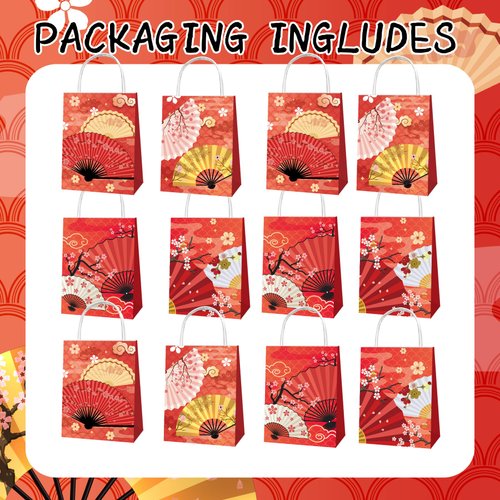 MMBDAMAI 12 Pcs Folding Fans Portable Party Bags Japanese Party Decorations Folding Fans Candy Bags Chocolate Bag Goodie Bags Treat Bags for Chinese Party Decorations Birthday Party Supplies