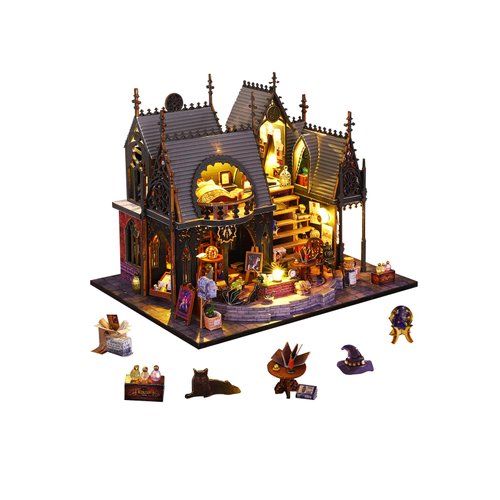 DIY Miniature House Kit,Magic Cabin House 3D Wooden Puzzles Dollhouse Bookshelf Insert Decor Alley,Miniature Dollhouse Bookends Model Build-Creativity Kit with LED Light