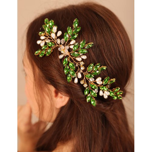 Xerling Green Rhinestones Emerald Hair Comb Vintage for Wedding Brides Pearl Hair Piece Accessory Bridal Head Piece (Emerald A)