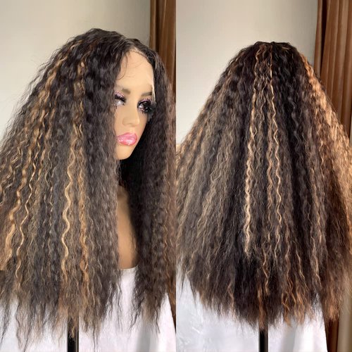 Kinky Straight Lace Front Wig 13x4x1 Middle Part 24 Inch Dark Brown Frontal Wig With Highlights F...