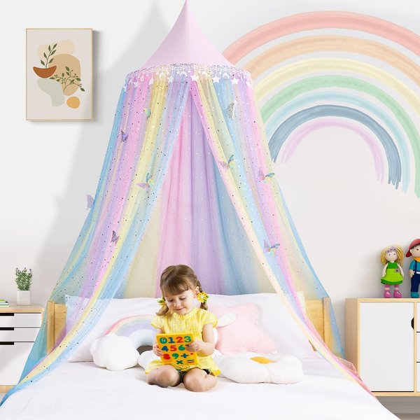 STAOLENE Rainbow Kids Bed Canopy for Girls Baby Crib with Butterfly Fairy Dream Princess Bed Canopy Hanging Mosquito Net Reading Nook Canopies Room Decor (Rainbow)