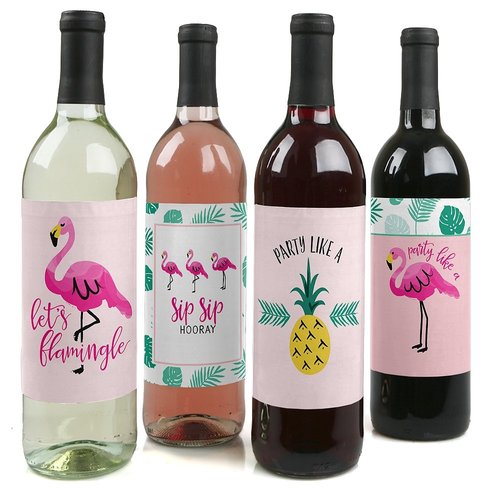 Big Dot of Happiness - Pink Flamingo - Party Like a Pineapple - Tropical Summer Party Decorations for Women and Men - Wine Bottle Label Stickers - Set of 4