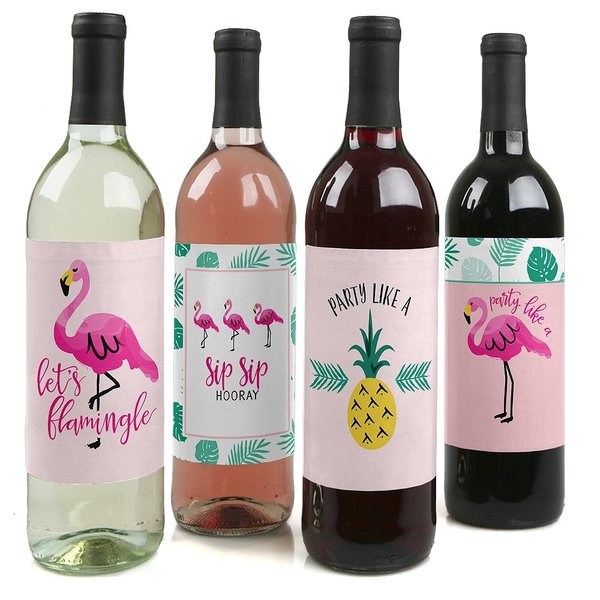 Big Dot of Happiness - Pink Flamingo - Party Like a Pineapple - Tropical Summer Party Decorations for Women and Men - Wine Bottle Label Stickers - Set of 4