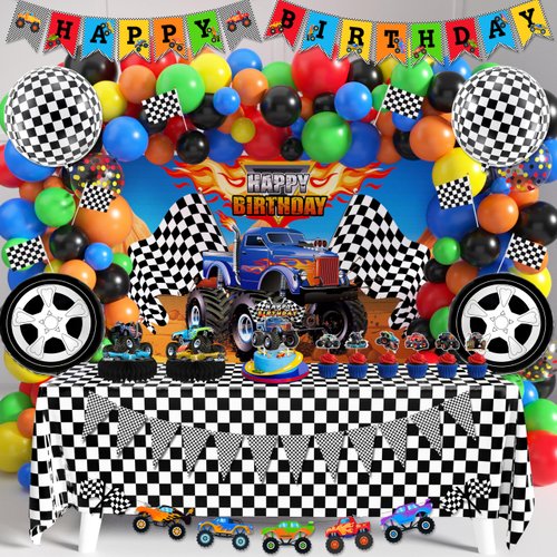 Truck Birthday Party Supplies Truck Theme Party Decorations, 99 Pcs(Backdrop Tablecloth Banner Triangle Bunting Cake Toppers Foil Balloons Honeycomb Centerpieces Flags Balloon Garland Arch Kit)