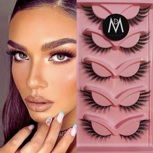 Cat Eye Lashes Mink Magnetic Eyelashes Natural Look 3D Curl Winged Natural Durable Makeup Realistic Self Adhesive Messy End Eye Elongated Thick False Eyelashes Soft Fake Lashe (5 Pairs Pack) (Style 5)