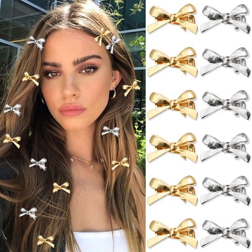 SAWINDA 12PCS Gold Metal Mini Bows for Hair Silver Small Hair Bows for Women Girls Cute Bow Hair Clips Non-Slip Alligator Clips Tiny Bowknot Hair Barrettes Y2K Hair Clips Accessories for Daily Wedding