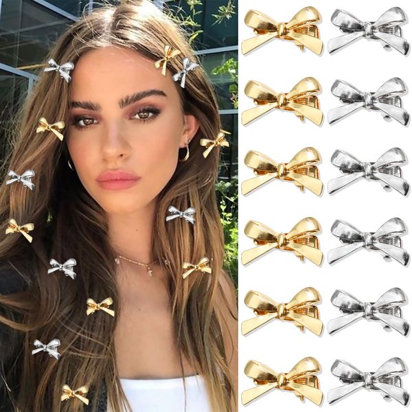 SAWINDA 12PCS Gold Metal Mini Bows for Hair Silver Small Hair Bows for Women Girls Cute Bow Hair Clips Non-Slip Alligator Clips Tiny Bowknot Hair Barrettes Y2K Hair Clips Accessories for Daily Wedding