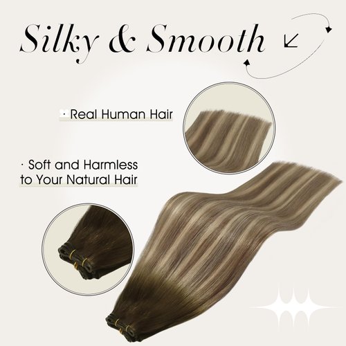 Full Shine Sew in Hand Tied Weft Hair Extensions 60 Gram Real Human Hair Weft Balayage Hair Extensions Silky #3/8/22 Brown to Light Blonde Mix Walnut Brown 24 Inch