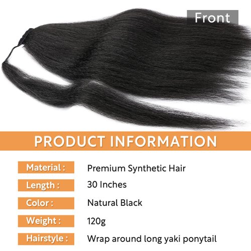 WIGNEE Kinky Straight Ponytail Wrap Around Long Ponytail Extension Natural Black Yaki Ponytail Extension for Black Women Pony Tails Hair Extensions (Natural Black, 30 Inches)