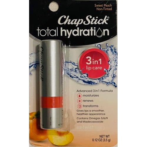 ChapStick Total Hydration Sweet Peach Lip Balm Tube, Triple Action Formula Hydrating Lip Care - 0.12 Oz
