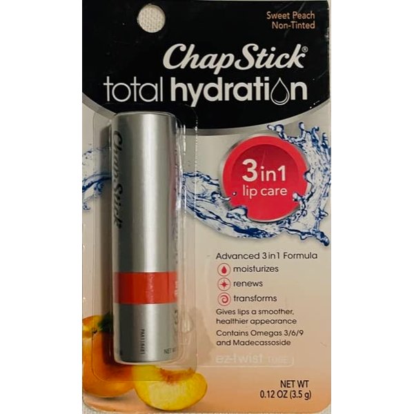 ChapStick Total Hydration Sweet Peach Lip Balm Tube, Triple Action Formula Hydrating Lip Care - 0.12 Oz