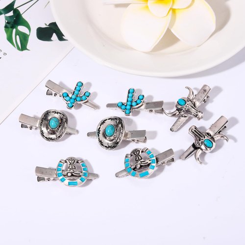 8PCS Western Turquoise Hair Clips for Women, Cowboy Cowgirl Boot Hat Hair Clips Turquoise Star Lightning Cactus Hairpins Vintage Turquoise Hair Accessories (Pattern A)