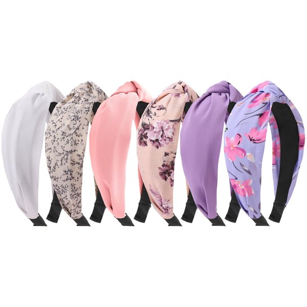 Kasmena Knotted Headband for Women Girls,6PCS Cute Knot Headband Non Slip Printed Wide Top Knot Hair Hoops Soft Headbands Vintage Fabric Headbands Hair Accessories,purple pink white