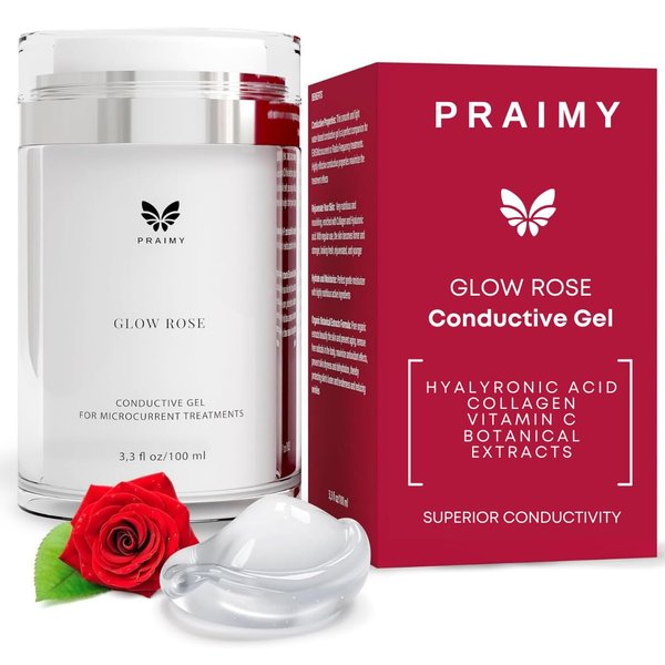 PRAIMY GLOW ROSE Professional Microcurrent Conductive Gel for Face | Facial RF Treatment Microcurrent Activator with Hyaluronic Acid, Collagen & Vitamin C for All Devices NuFace, FOREO, ZIIP (3.3oz)